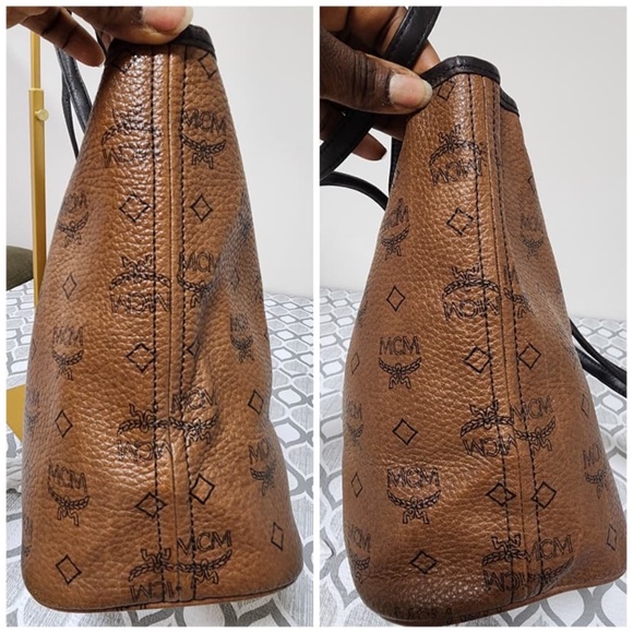 Authentic MCM Visetos Dog Bone Striped Shopper Tote Bag Brown - Picture 7 of 13